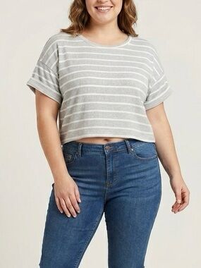 Grey & White Striped Short Sleeve Boxy Crop Tee Classic Staple Basic Summer XL
